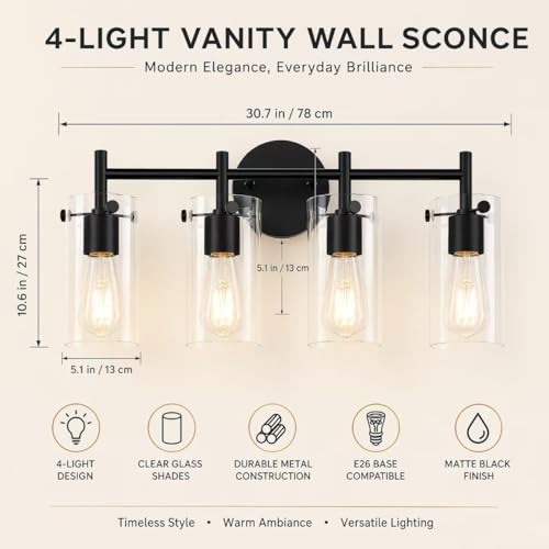 Matte Black 4 Light Bathroom Vanity Light Fixtures, Industrial Rust-Proof Bathroom Lights Over Mirror with Clear Glass Shade, Modern Wall Sconce Wall Mounted Damp Rated E26 Base