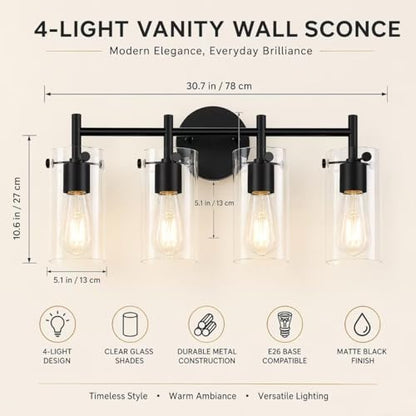 Matte Black 4 Light Bathroom Vanity Light Fixtures, Industrial Rust-Proof Bathroom Lights Over Mirror with Clear Glass Shade, Modern Wall Sconce Wall Mounted Damp Rated E26 Base
