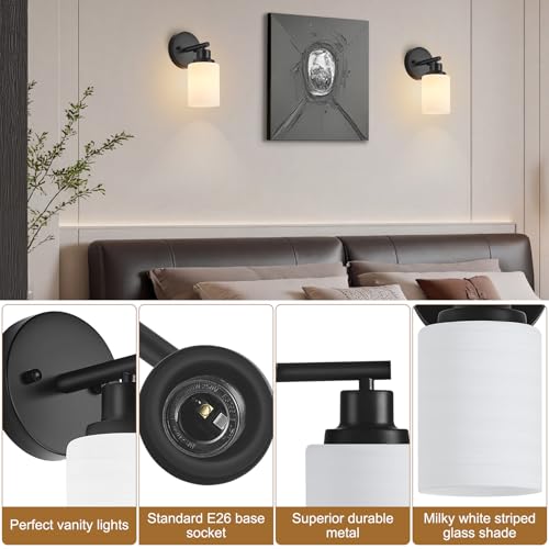 2-Pack, 1-Light Vanity Lights, Matte Black Bathroom Light Fixture with Textured Milky White Glass Shade, E26 Modern Vanity Lighting Fixture for Bathroom Wall Sconce - color: Black, size: 4.7 Inch : 1-Light