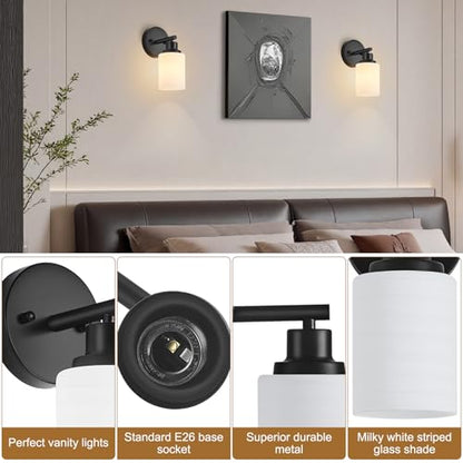 2-Pack, 1-Light Vanity Lights, Matte Black Bathroom Light Fixture with Textured Milky White Glass Shade, E26 Modern Vanity Lighting Fixture for Bathroom Wall Sconce - color: Black, size: 4.7 Inch : 1-Light