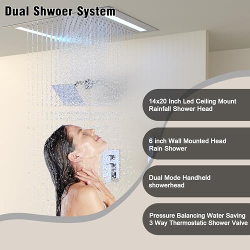 Rain Shower Head System with 14x20 Inch Ceiling Mount LED Head & 6 Inch Wall Head and Handheld Shower 3 Way Pressure Balance Valve Kit,Polished Chrome - color: Polished Chrome, style: 14x20 inch+6inch