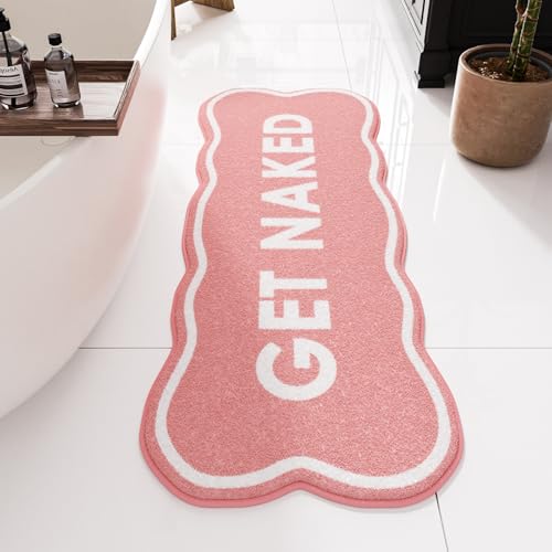 BSSN Get Naked Bath Mat, Cute Pink Bathroom Rug Runner, 18" x 47" Large Microfiber Shaggy Bath Mat - Ultra Absorbent, Non-Slip, Machine Washable Fun Aesthetic Decor Rug for Tub, Shower, Vanity - color: Pink