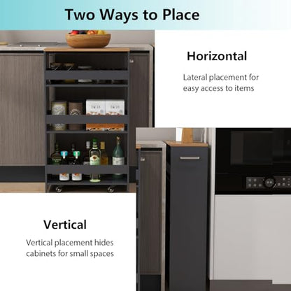 POWERSTONE 4-Tier Slim Storage Cart, Narrow Kitchen Rolling Cart w/Handle & Open Shelves, Skinny Slide Out Utility Organizer Trolley for Kitchen Bathroom Laundry Small Spaces Black & Natural - color: Black