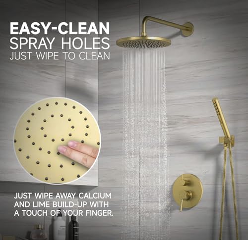 Lava Odoro Modern 2-Setting Round Rain Shower System, Gold Rainfall Shower Faucet Set Rain Shower Head and Handle Set, Shower Valve Trim Kit, 10 Inch, Brushed Gold, SF104-SG - color: Brushed Gold, style: Without Tub Spout