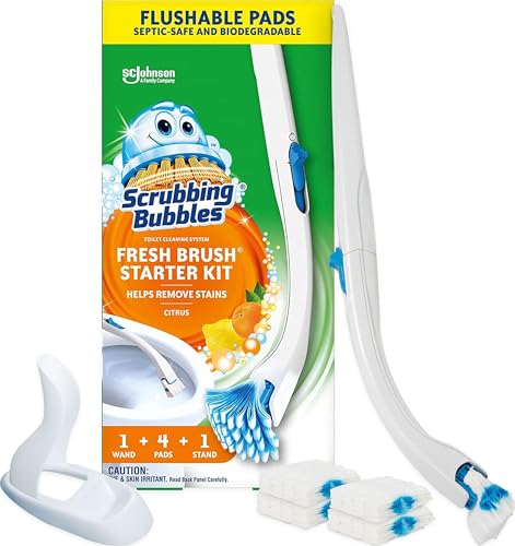 Scrubbing Bubbles Toilet Bowl Cleaning System with Flushable & Disposable Cleaner Refill Pads, Fights Odors and Helps Remove Limescale & Hard Water Stains, Citrus Scent, 1 Wand + 4 Refills + 1 Stand - size: 1 Count (Pack of 1), style: Starter Kit