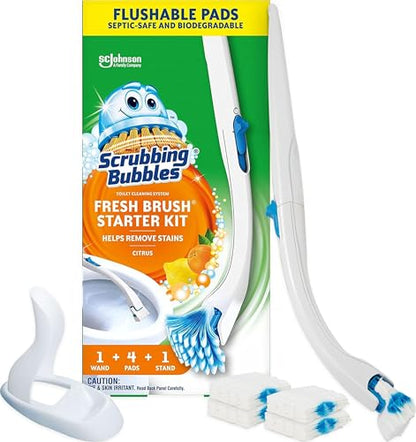 Scrubbing Bubbles Toilet Bowl Cleaning System with Flushable & Disposable Cleaner Refill Pads, Fights Odors and Helps Remove Limescale & Hard Water Stains, Citrus Scent, 1 Wand + 4 Refills + 1 Stand - size: 1 Count (Pack of 1), style: Starter Kit