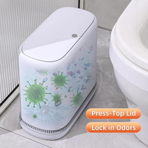 funest 3.3 Gallon Bathroom Trash Can with Push Lid, Dog Proof, White | Double-Layer Design, Air-Suction Bag System, Narrow Plastic Garbage Can with Extra Buckle Replacement