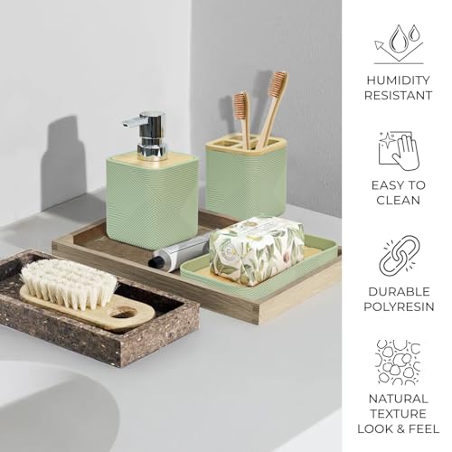 CERBIOR Bamboo Bathroom Accessories Set 6 Piece Square Spiral Set,Green | Includes Soap Dispenser, Toothbrush Holder, Toothbrush Cup, Soap Dish for Decorative Countertop and Housewarming Gift - size: Complete Set, style: Green