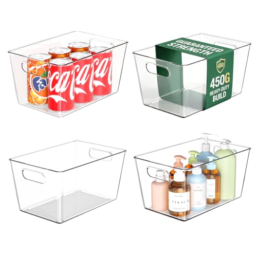 4 Pack Large Clear Plastic Storage Bins, Kitchen &Pantry Organizer | Heavy-duty 450g BPA-free PETG containers with handles for fridge, under-sink, bathroom, office, closet, and garage storage - size: 4 Large & 0 Small