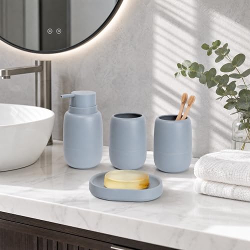 4 Pcs Bathroom Accessory Set Complete Bath Ensemble with 18 oz Soap Dispenser Tumbler Soap Dish Modern Decor Vanity Countertop Set for Bathroom