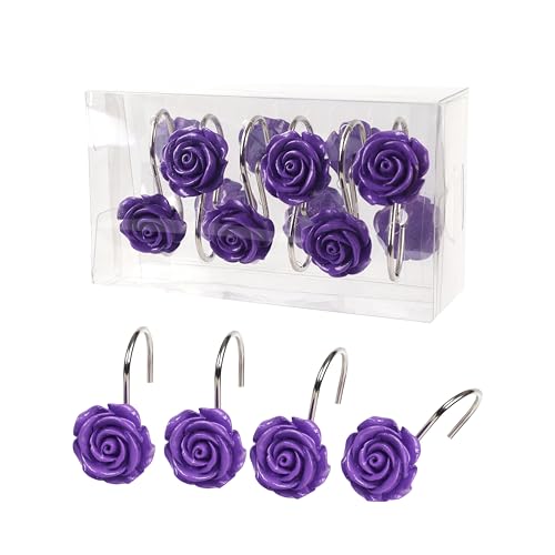 Twofish Home Purple Rose Flower Shower Curtain Hooks Anti Rust Shower Curtain Hooks Decorative Resin Purple Rose Flower Shower Curtain Rings Set of 12 - color: Purple Rose