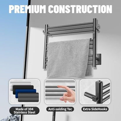 K&KALONZO Wall-Mounted 9-Bar Heated Towel Rack, Fast Heat in 2 Min, NTC Safety | 4 Timers & 3 Heat Levels Control, Plug-In/Hardwired, Top Hooks, Memory Function, Anti-Scald, Stainless Steel, EL13SB - color: Matte Black, size: H 19.7 x W 23.6