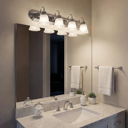 Kichler 30" 4-Light Vanity Bath Light in Chrome, Modern Bathroom Light with Clear Satin Etched Glass, ("30" W x 8" H), 5338CHS - color: Chrome, size: 30"