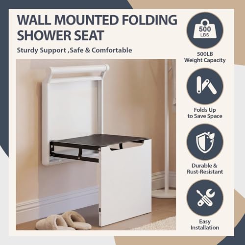 Geelin Foldable Wall Mounted Chair with Armrest, Heavy Duty Aluminum Alloy 500lb Capacity Shower Seat for Elderly and Pregnant Woman, Space Saving Shoe Changing Stool for Entryway, White