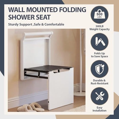 Geelin Foldable Wall Mounted Chair with Armrest, Heavy Duty Aluminum Alloy 500lb Capacity Shower Seat for Elderly and Pregnant Woman, Space Saving Shoe Changing Stool for Entryway, White
