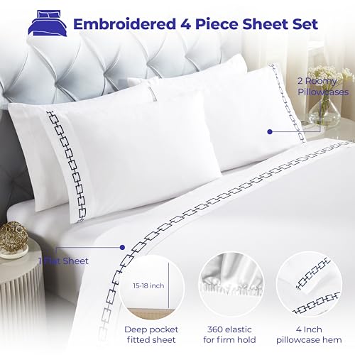 Superior Embroidered Cotton Bed Sheet Set, 1 Elastic Deep Pocket Fitted Sheet, 1 Flat Sheet, 2 Pillowcases, Daily Soft Sheets, Luxury, Unique Design, Chain Links Collection, Full Size, White/Navy Blue - color: White-navy Blue, size: Full