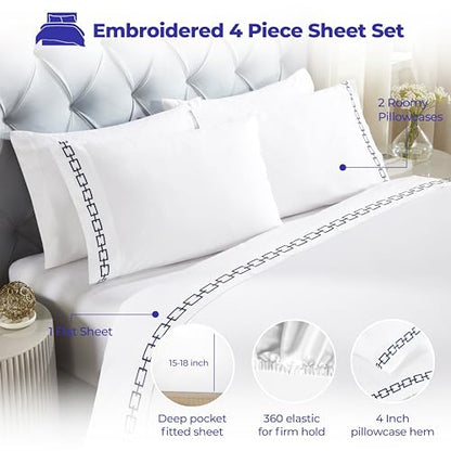 Superior Embroidered Cotton Bed Sheet Set, 1 Elastic Deep Pocket Fitted Sheet, 1 Flat Sheet, 2 Pillowcases, Daily Soft Sheets, Luxury, Unique Design, Chain Links Collection, Full Size, White/Navy Blue - color: White-navy Blue, size: Full