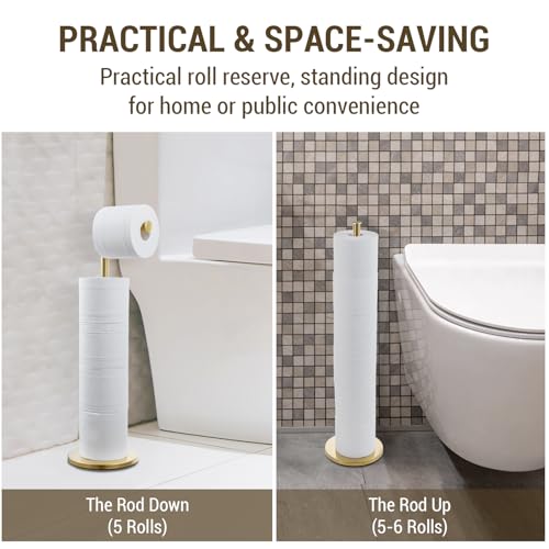 MyGift Modern Brass Tone Metallic Plated Floor Standing Toilet Paper Holder Stand with Roll Reserve Storage Holder, Elegant Freestanding Bathroom Toilet Tissue Dispenser - color: Brass