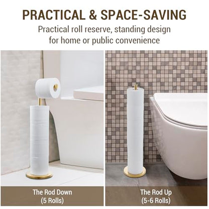 MyGift Modern Brass Tone Metallic Plated Floor Standing Toilet Paper Holder Stand with Roll Reserve Storage Holder, Elegant Freestanding Bathroom Toilet Tissue Dispenser - color: Brass