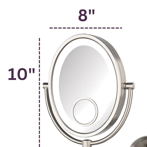 JERDON Lighted Wall-Mount Makeup Mirror - 10X/15X - Nickel - HL9515NL | Two-Sided 8" x 10" Oval Frame, 14" Wall Arm, LED, Plug-In Power - color: Nickel Plug in