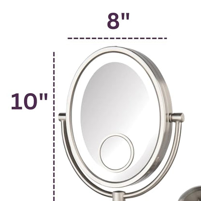 JERDON Lighted Wall-Mount Makeup Mirror - 10X/15X - Nickel - HL9515NL | Two-Sided 8" x 10" Oval Frame, 14" Wall Arm, LED, Plug-In Power - color: Nickel Plug in