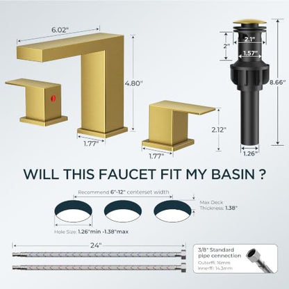 FORIOUS 8" Brushed Gold Bathroom Faucet 3 Hole, Gold Vanity Faucet 3 Holes | CUPC 8 Inch Waterfall Bathroom Faucet Gold,3 Hole Bathroom Sink Faucet Widespread Set for Restroom, Lavatory, Hospitality - color: Brushed Gold, style: Transitional
