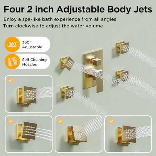 Shower Systems with 4 Body Spray Jets, STARBATH 4 Way 12+6" Rainfall Shower Head with Handheld Combo, Wall Mounted Shower Jets System in Wall Shower Faucet Sets Complete,Brushed Gold - color: Gold, size: 6"+12"-02