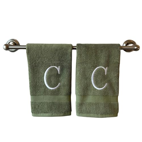Sage with White Monogrammed Hand Towels for Bathroom - Set of 2 Letter C | Luxury Hotel Quality Initial Towels For Powder Room, Spa, GOTS Organic Certified - color: Sage With White, size: Initial C