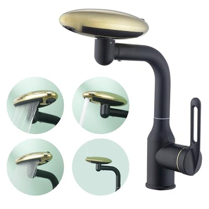 Single Hole Rotatable Bathroom Sink Faucet Black and Gold - 4 Water Modes Multifunctional Faucet with 360° Swivel, Extended Spout & Fountain Mode - color: Black and Gold