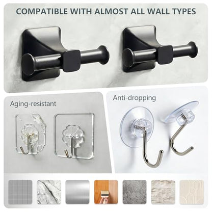 Towel Hooks for Bathrooms,Matte Black Towel Hook Kitchen Bathroom Double Towels Racks,Heavy Duty Stainless Steel Coat Wall Mount Hook,Double Robe Hooks for Clothes, Towels,caps,2Pack - color: Black