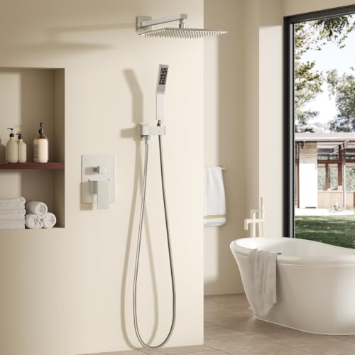 NEWBULIG Shower Faucet Set, Square Rainfall Shower Head and Handle Set with Valve Trim Kit,10.5 Inch Head, Brushed Nickel