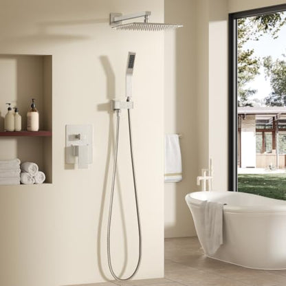 NEWBULIG Shower Faucet Set, Square Rainfall Shower Head and Handle Set with Valve Trim Kit,10.5 Inch Head, Brushed Nickel