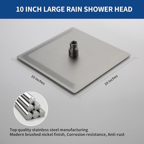 Rain Shower Head 10'' High Pressure Square Rainfall Shower Head Stainless Steel Ultra Thin Waterfall Bathroom Showerhead Body Covering Ceiling Mounted (Brushed nickel)