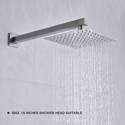 Square Shower Arm with Flange Heavy Duty Stainless Steel Rainfall Shower Head Extension Pipe, Bathroom Wall Mounted 16 Inch Extender Arm, Brushed Nickel - color: Brushed Nickel