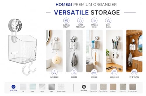 HOME&I Clear Suction Cup Toothbrush Holder for Shower Wall, Twist-to-Lock Drill-Free Bathroom Organizer with 2 Hooks, Self-Draining Wall Storage for Toothpaste, Razor & Accessories - size: 1 Pack / Clear