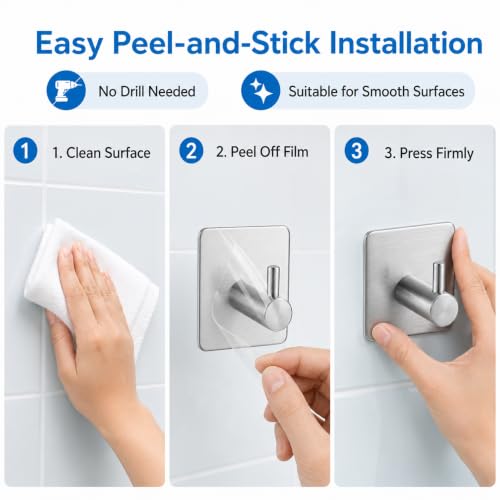 3pcs Adhesive Towel Hooks, Heavy Duty Wall Mount Hanger for Towels Robes Keys, Home Storage for Bathroom Kitchen Closet
