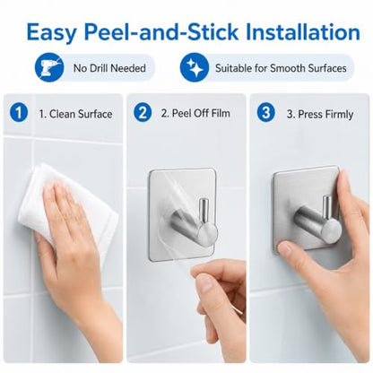 3pcs Adhesive Towel Hooks, Heavy Duty Wall Mount Hanger for Towels Robes Keys, Home Storage for Bathroom Kitchen Closet