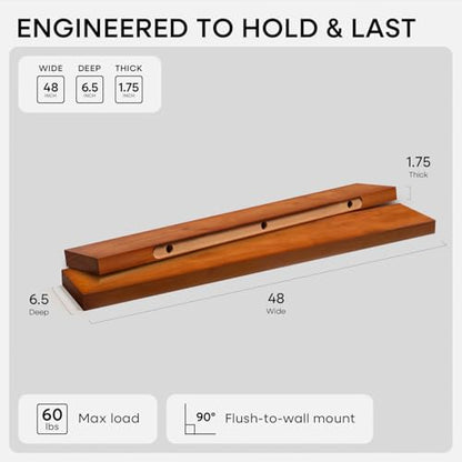 48 inch Oak Floating Shelf, High End Solid Real Wood 48inch Floating Shelves for Wall Mounted, Honey Oak Wooden 48in Large Floating Shelves, Heavy Duty Bracket, 48 X 6.5 X 1.75 in, Set of 2 - color: Honey Oak - Warm Amber Tone, size: 48 inch