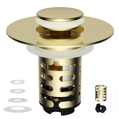 Universal Upgraded Bathroom Sink Drain Stopper Hair Catcher, Brushed Gold | 4-IN-1 Pop-Up Sink Strainer with 2-Layer Removable Stainless Steel Basket, Anti-Clog Drain Plug for 1.1"-2.36" Basin - color: Brushed Gold