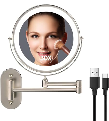 5000mAh Rechargeable Wall Mounted Lighted Makeup Vanity Mirror1X/30X Nickel | Double Sided Magnifying Bathroom Mirror, 3 Color Lighting, Touch Screen Dimming, Extended Arm 360 Rotation Shaving Mirror - color: Brushed Nickel