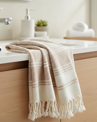 DEMMEX Organic Turkish Hand Towels for Bathroom – 100% Oeko-TEX Certified Turkish Cotton, Quick Dry, Lightweight Kitchen & Travel Towels, Diamond Weave, Large 18x36 Inches, Set of 2, Beige - color: Beige