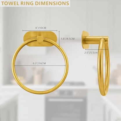 Self-Adhesive Towel Ring, No Drill Stainless Steel Round Hand Towel Holder, Rustproof Waterproof Towel Hanger with Strong Sticky Base, Modern Wall-Mounted Towel Loop for Bathroom Kitchen (Gold) - color: Gold