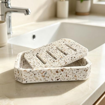 Drainable Soap Dish, Double Layer Resin Soap Holder, Non-Slip Silicone Feet Soap Saver for Bathroom (Terrazzo Look) - color: Terrazzo Look