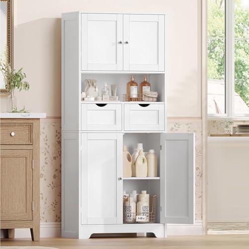 Iwell Tall Storage Cabinet with Adjustable Shelf & 2 Drawers, Kitchen Pantry Cabinet, Pantry Cabinets with 4 Doors, Tall Cabinets for Living Room, Kitchen, Bathroom, White - color: White-4 Shelves