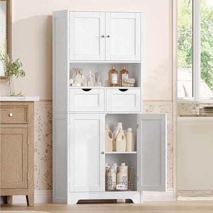 Iwell Tall Storage Cabinet with Adjustable Shelf & 2 Drawers, Kitchen Pantry Cabinet, Pantry Cabinets with 4 Doors, Tall Cabinets for Living Room, Kitchen, Bathroom, White - color: White-4 Shelves