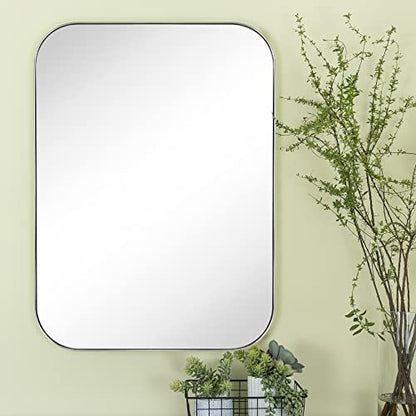 24x36'' Brushed Nickel Rounded Rectangle Bathroom Vanity Wall Mirror Silver Stainless Steel Metal FramedRectangular Bathroom Mirror, Vertical and Horizontal Hanging