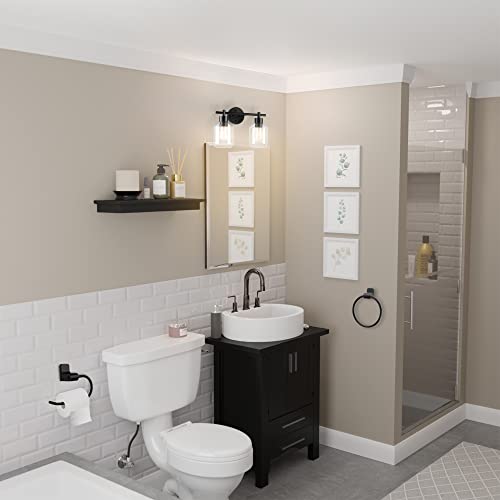 Globe Electric 3-Piece Powder Room Set, Matte Black, 2-Light Vanity with Clear Glass Shades and Matching Hardware, 51850 - color: Matte Black, Clear Glass, 2-Light