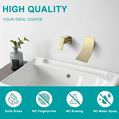 SKOWLL Single Handle Wall Mount Bathroom Sink Faucet, Brushed Gold Waterfall Modern Tub Faucet Set, Waterfall Spout - color: Brushed Gold