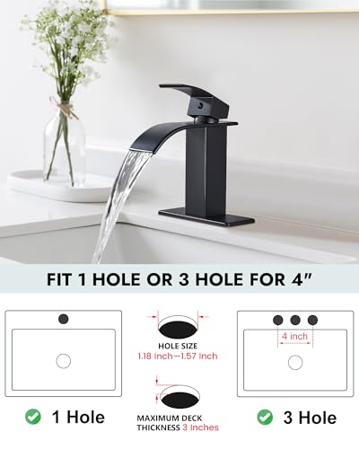Midanya Waterfall Bathroom Faucet 1 Hole,Matte Black | with 24” Hoses,Pop Up Drain,6” Deck Plate,for 1 or 3 Hole Vanity,Lavatory,RV,Single Handle Bathroom Sink Faucet,NSF Certified - color: Black