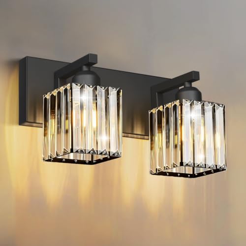 Black Crystal Bathroom Vanity Light, 2-Light Modern Bathroom Lighting Fixtures Over Mirror, Matte Black Wall Sconce with Square Shade - color: Black-Square Shade, size: 2-LIGHT
